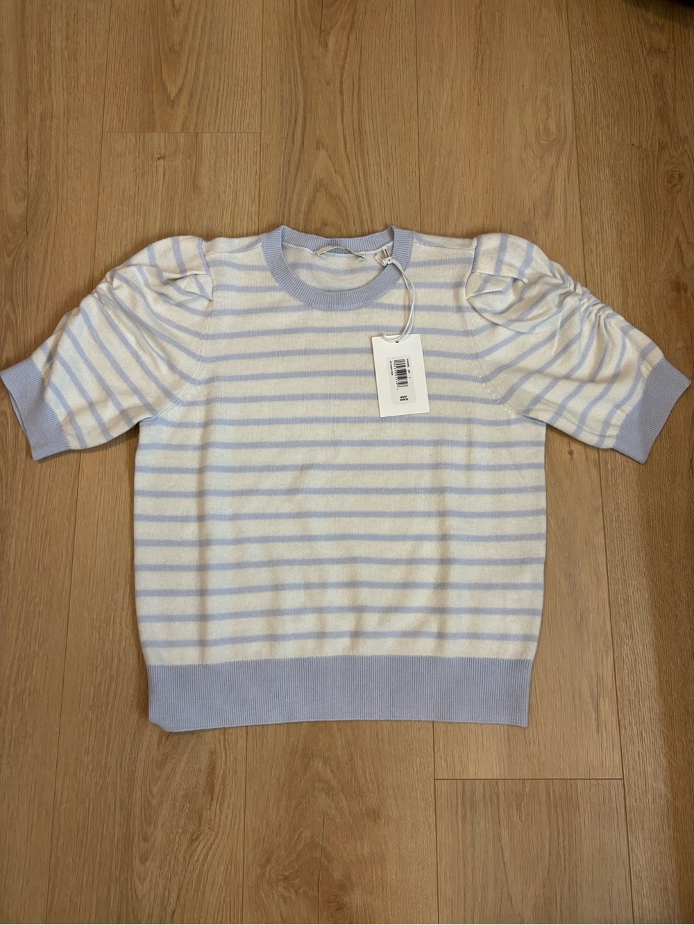 Frame Denim Light Blue and White Striped Puff-Sleeve Crewneck Sweater